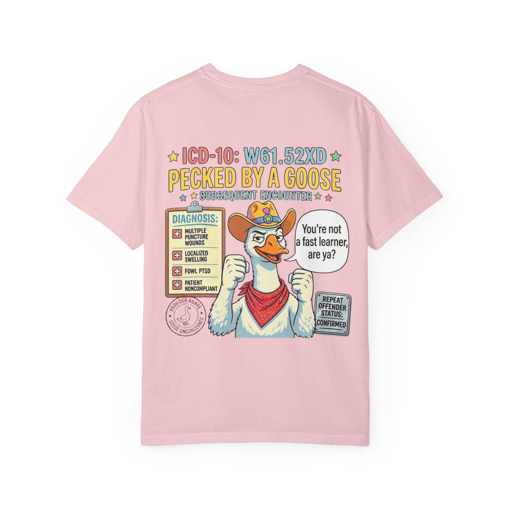 T-Shirt — “Elopement Risk / Pecked By A Goose” Funny Novelty Tee