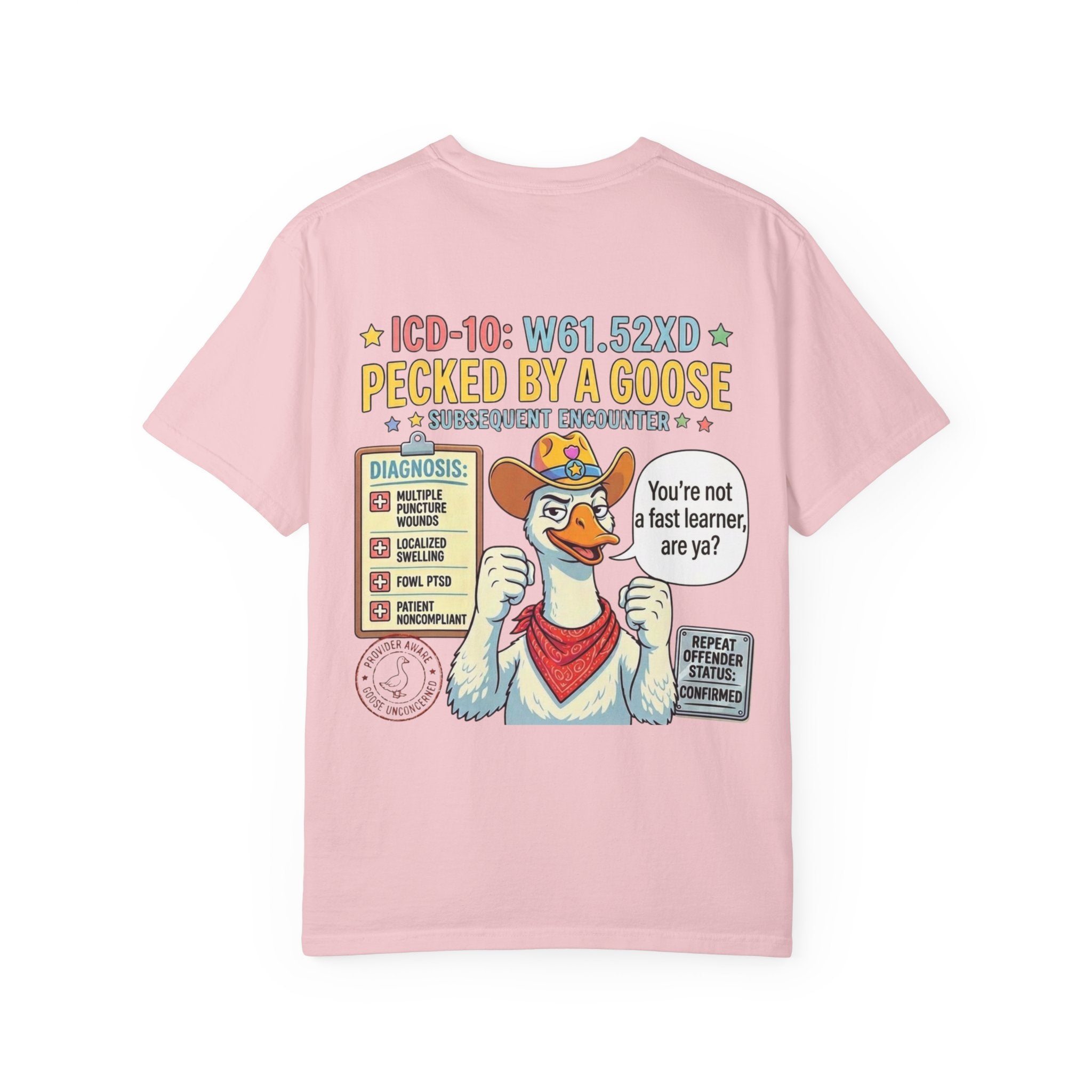 T-Shirt — “Elopement Risk / Pecked By A Goose” Funny Novelty Tee