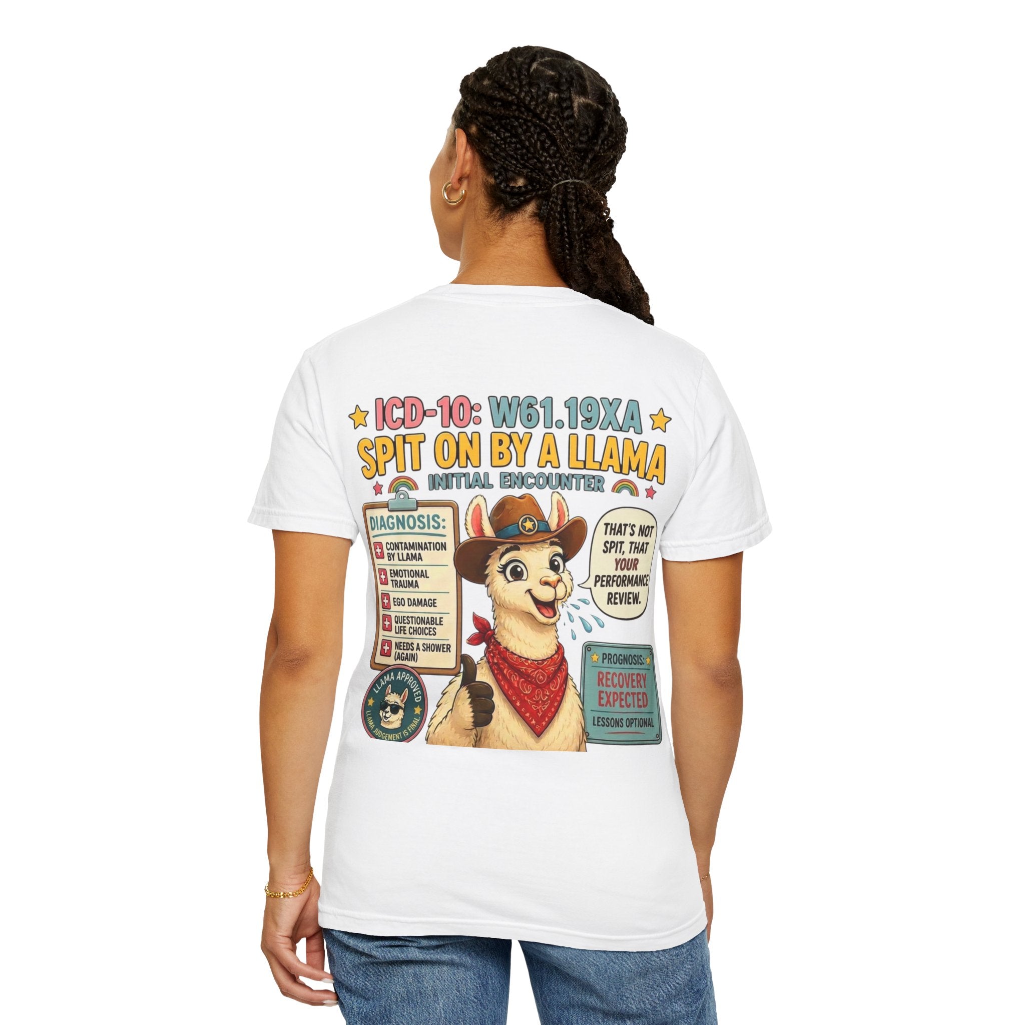 T-Shirt — Funny 'Spit On By A Llama' Novelty Tee (Elopement Risk Chest Logo)