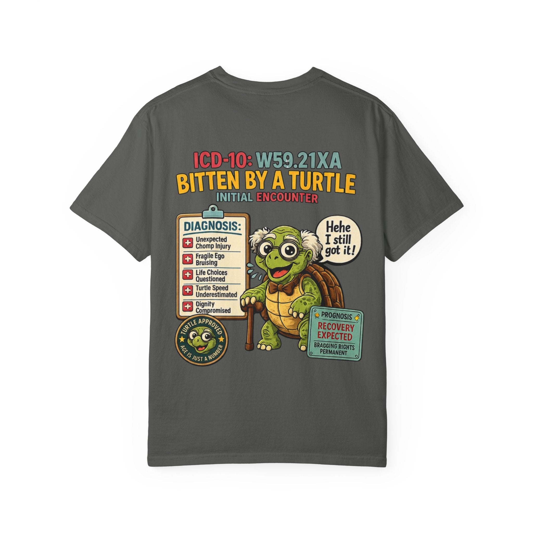 T-Shirt — 'Elopement Risk' Front & 'Bitten by a Turtle' Novelty Graphic Tee
