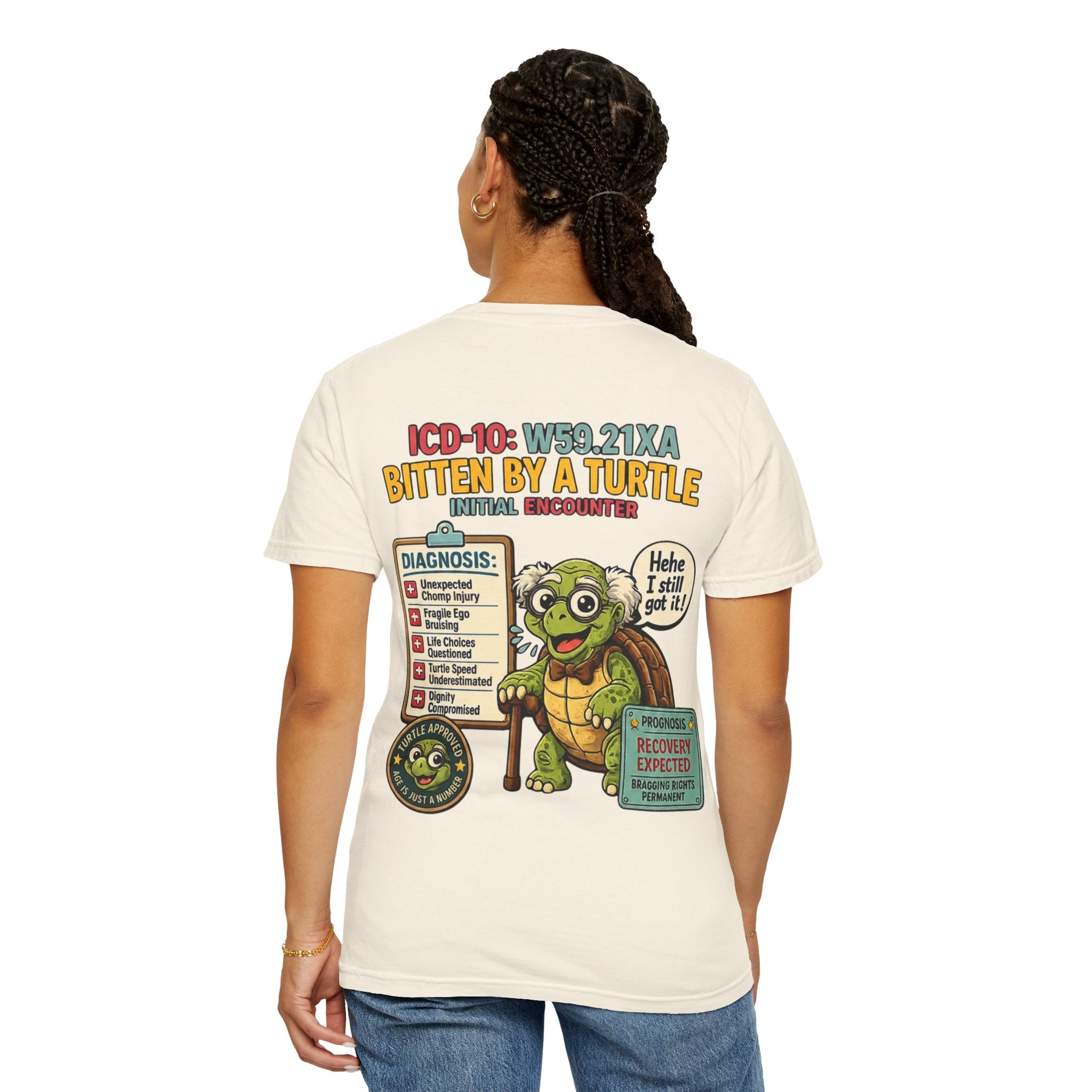 T-Shirt — 'Elopement Risk' Front & 'Bitten by a Turtle' Novelty Graphic Tee