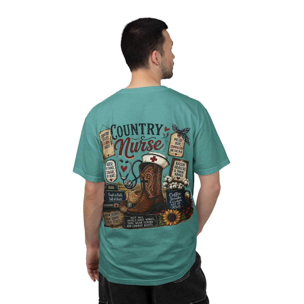 Country Nurse T-Shirt — Rustic Nursing Shirt with 'Elopement Risk' Pocket Badge
