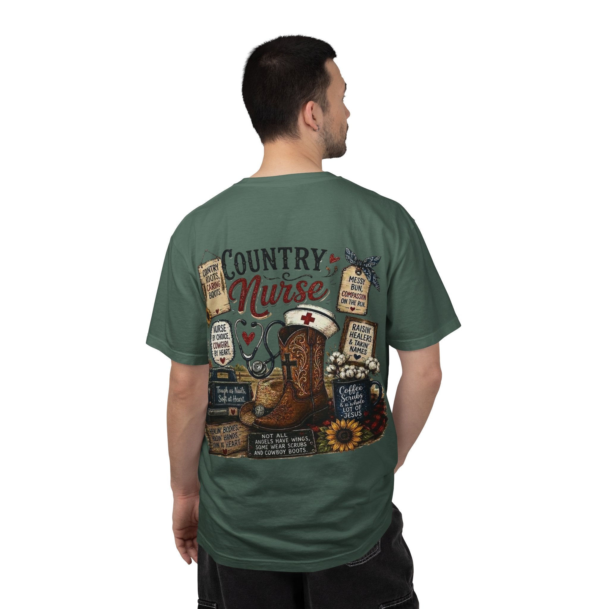 Country Nurse T-Shirt — Rustic Nursing Shirt with 'Elopement Risk' Pocket Badge