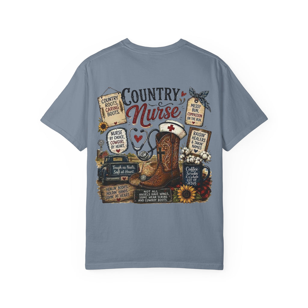 Country Nurse T-Shirt — Rustic Nursing Shirt with 'Elopement Risk' Pocket Badge