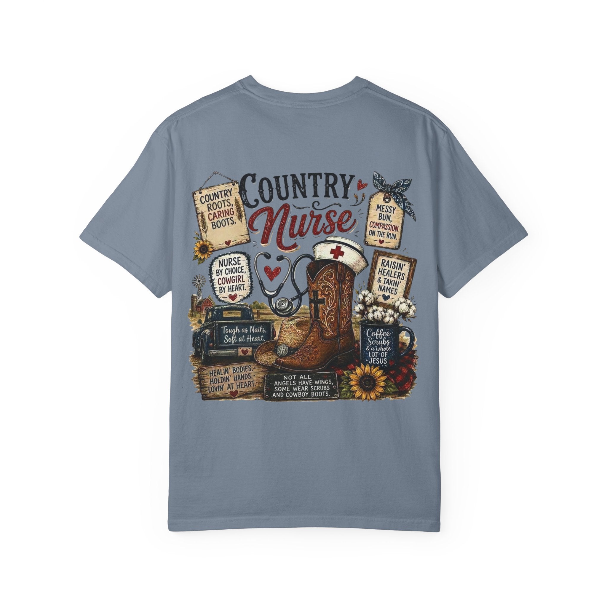 Country Nurse T-Shirt — Rustic Nursing Shirt with 'Elopement Risk' Pocket Badge