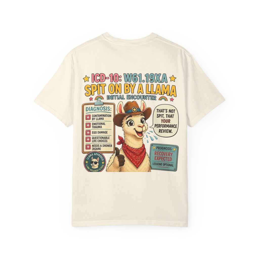 T-Shirt — Funny 'Spit On By A Llama' Novelty Tee (Elopement Risk Chest Logo)