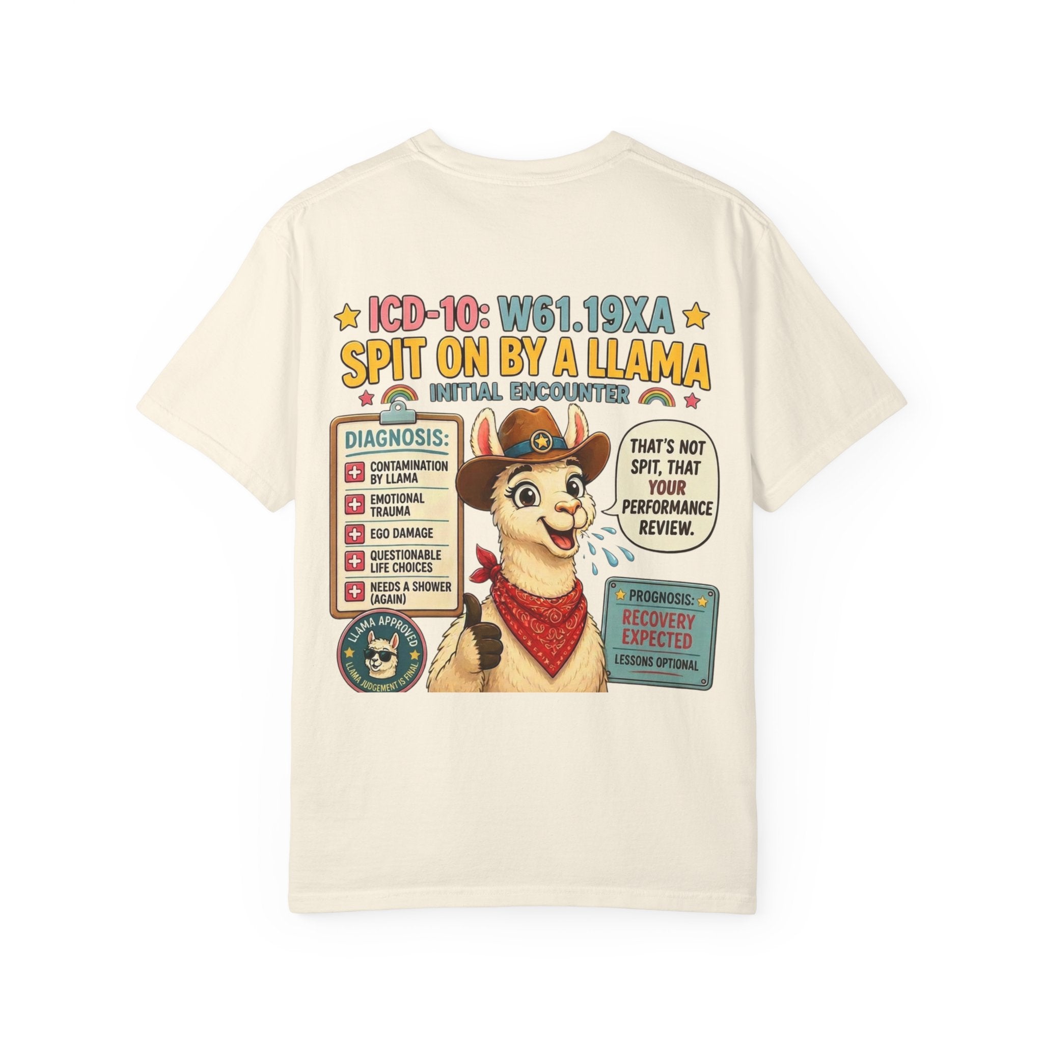 T-Shirt — Funny 'Spit On By A Llama' Novelty Tee (Elopement Risk Chest Logo)