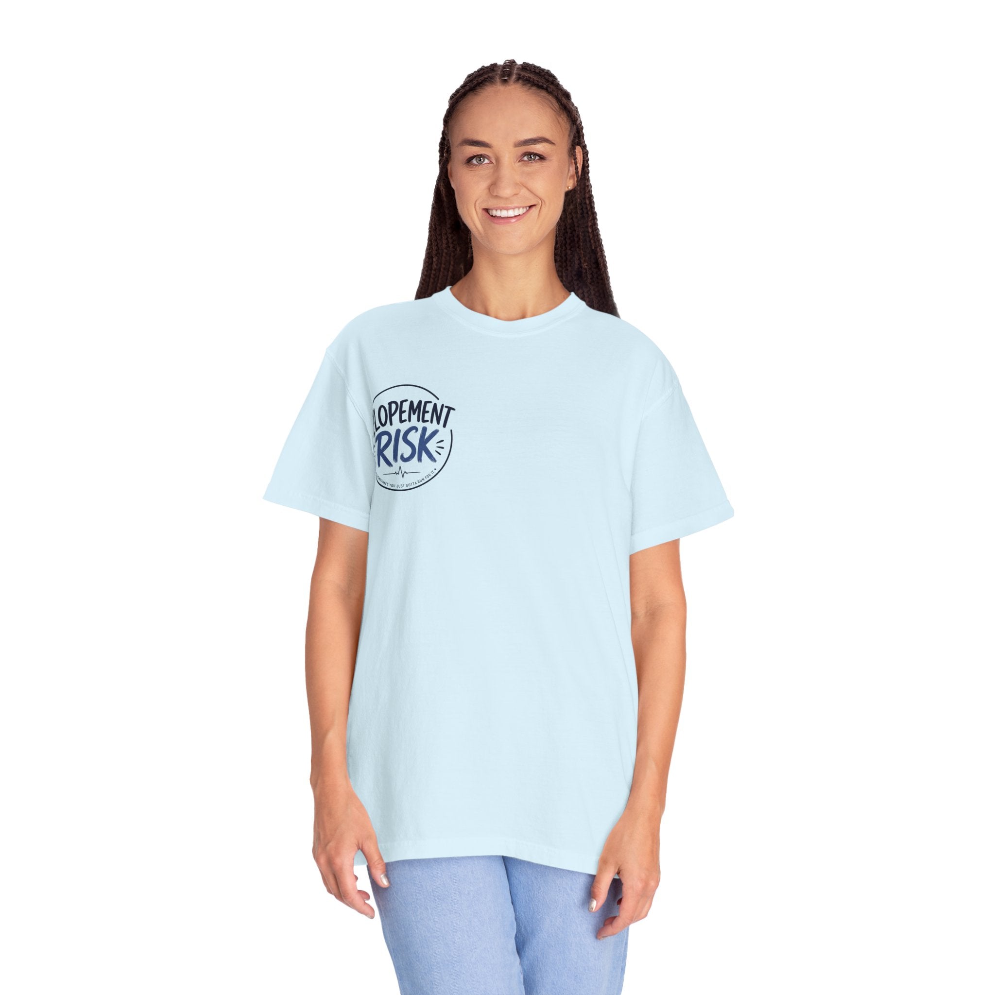 T-Shirt — Funny 'Spit On By A Llama' Novelty Tee (Elopement Risk Chest Logo)