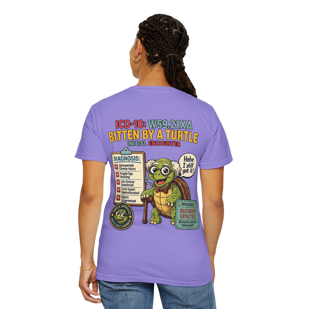 T-Shirt — 'Elopement Risk' Front & 'Bitten by a Turtle' Novelty Graphic Tee