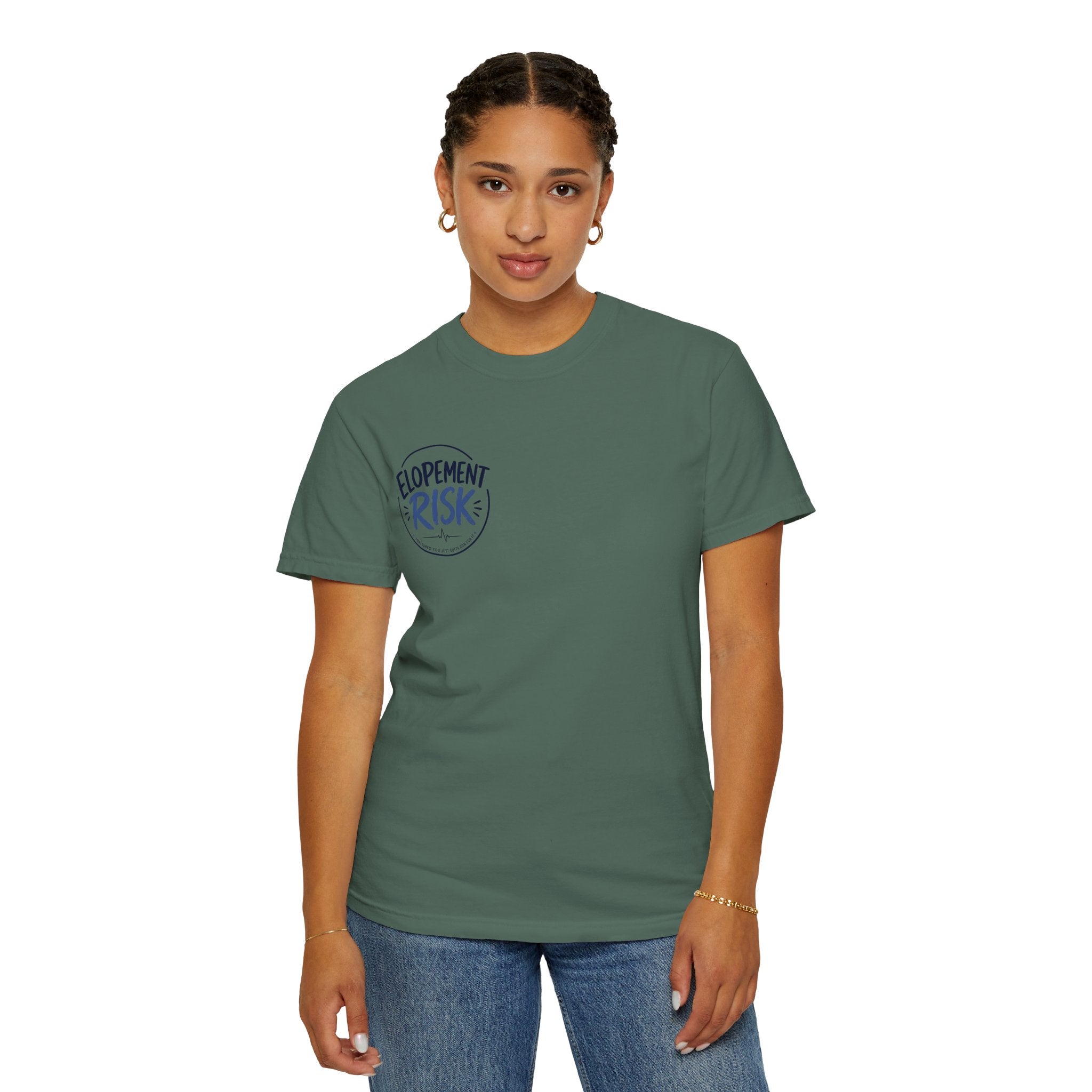 Country Nurse T-Shirt — Rustic Nursing Shirt with 'Elopement Risk' Pocket Badge