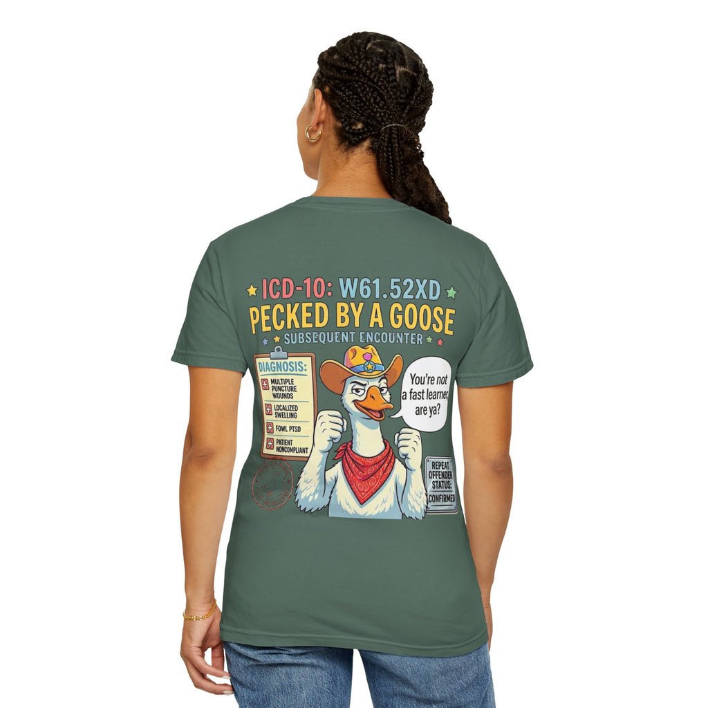 T-Shirt — “Elopement Risk / Pecked By A Goose” Funny Novelty Tee