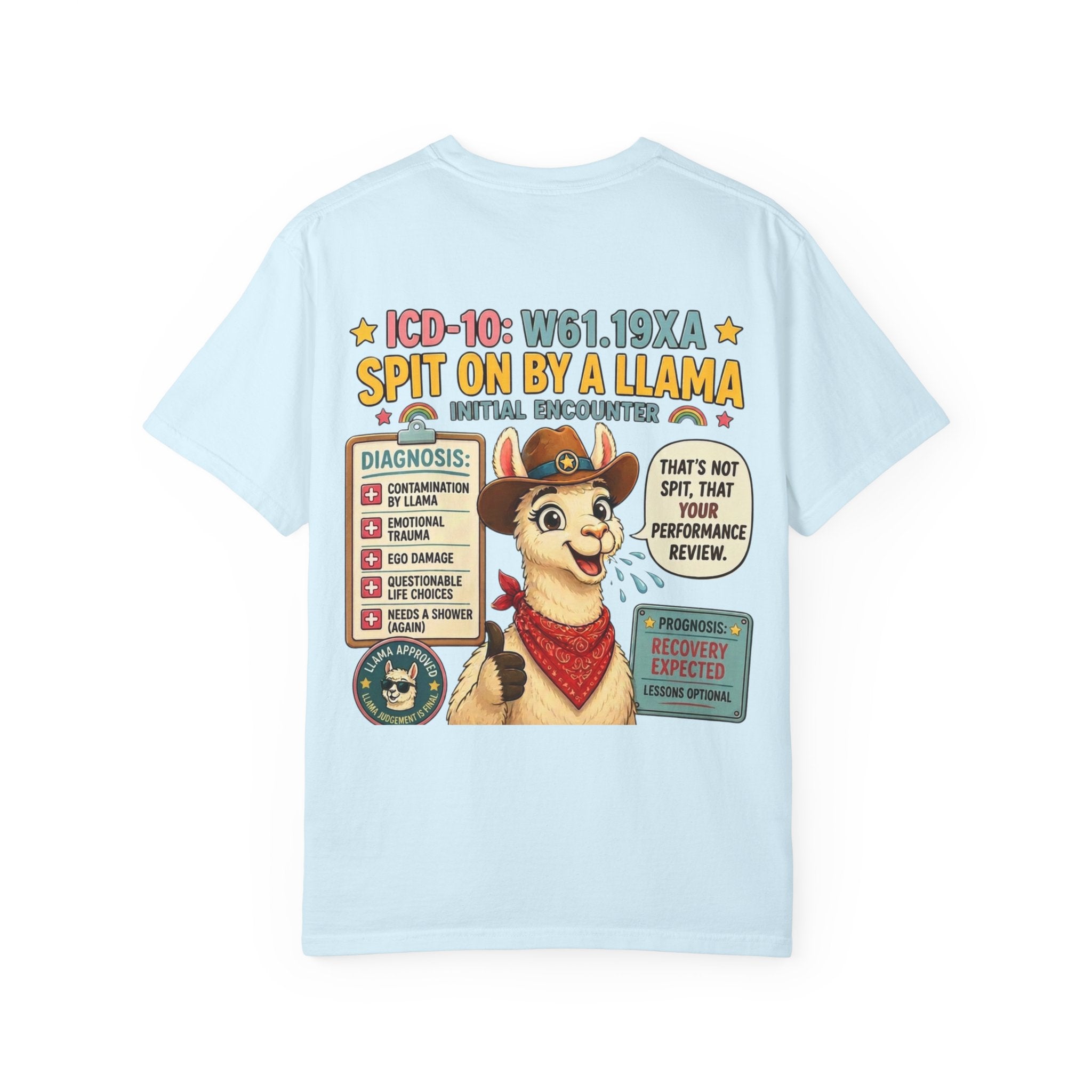 T-Shirt — Funny 'Spit On By A Llama' Novelty Tee (Elopement Risk Chest Logo)