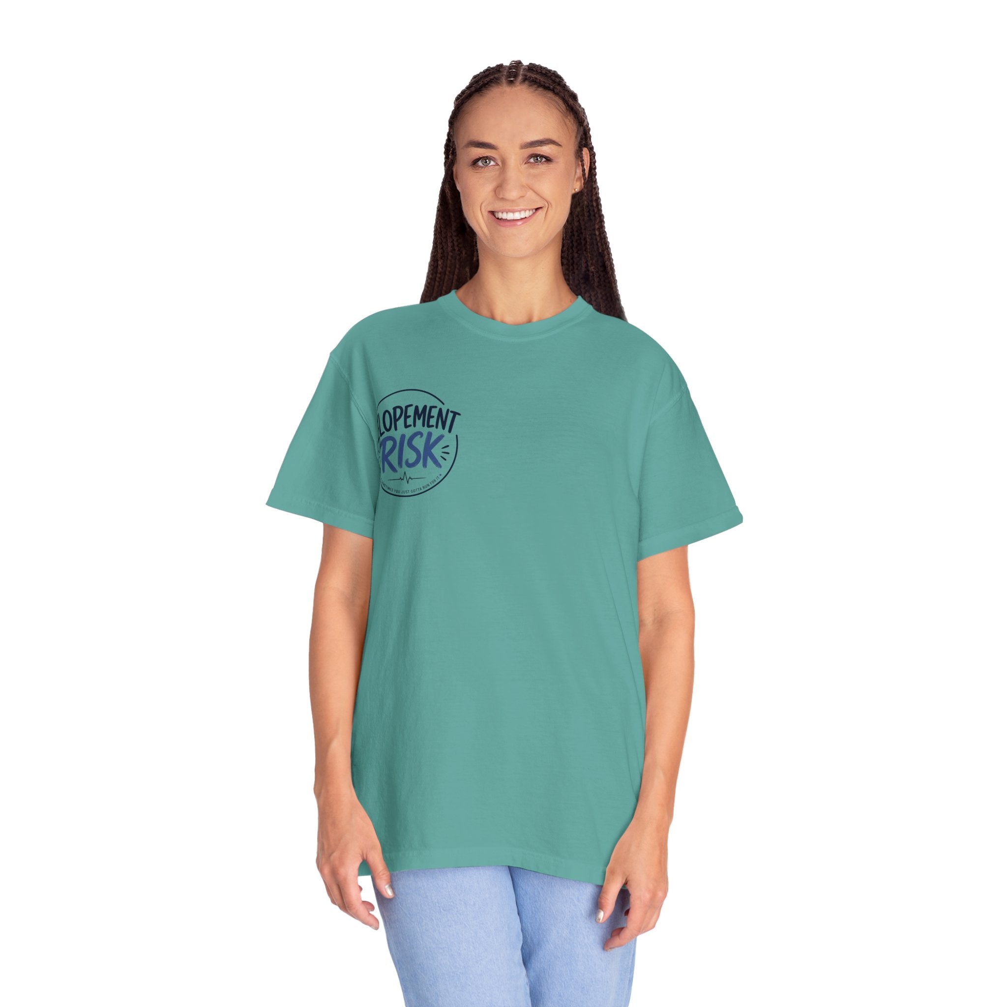T-Shirt — Funny 'Spit On By A Llama' Novelty Tee (Elopement Risk Chest Logo)