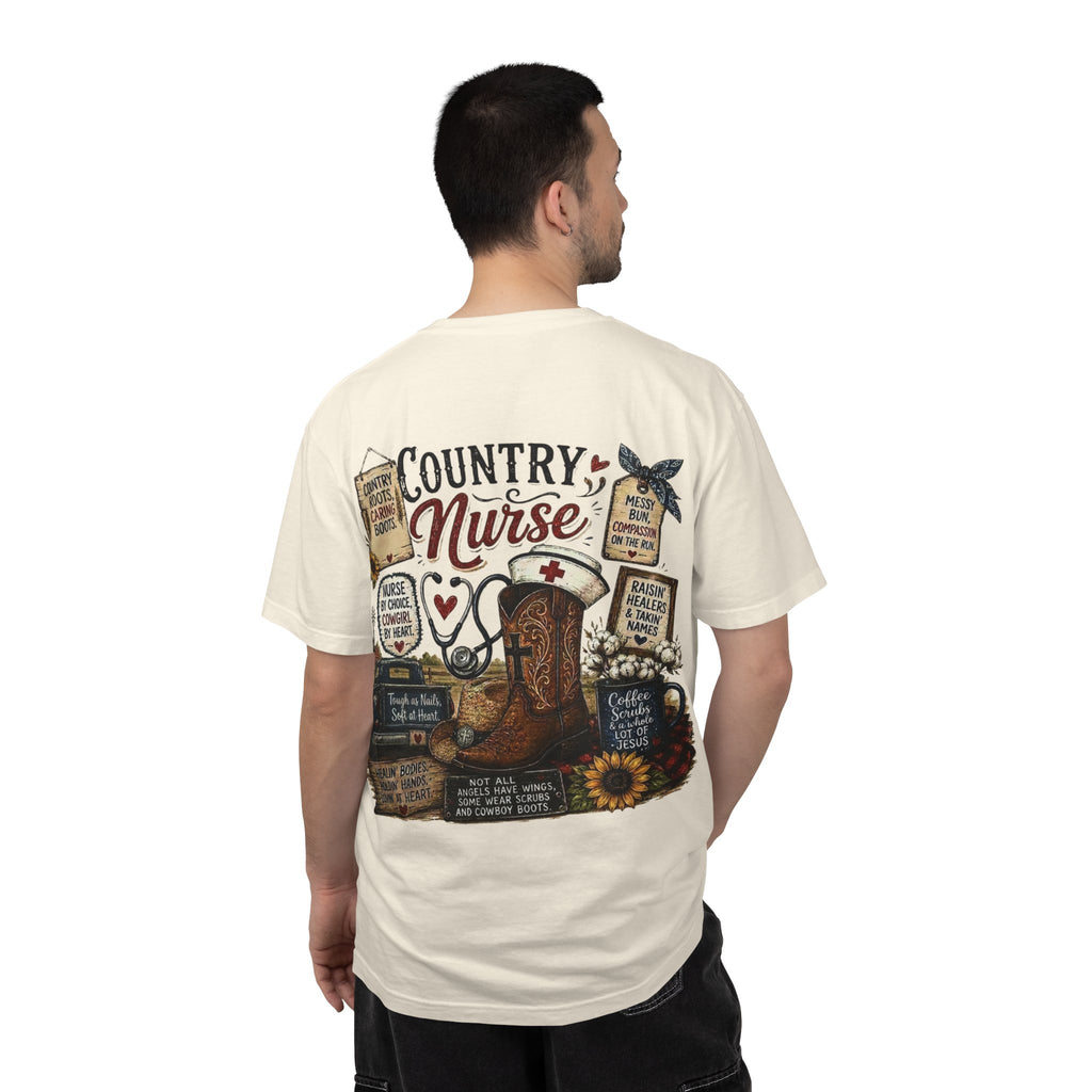 Country Nurse T-Shirt — Rustic Nursing Shirt with 'Elopement Risk' Pocket Badge