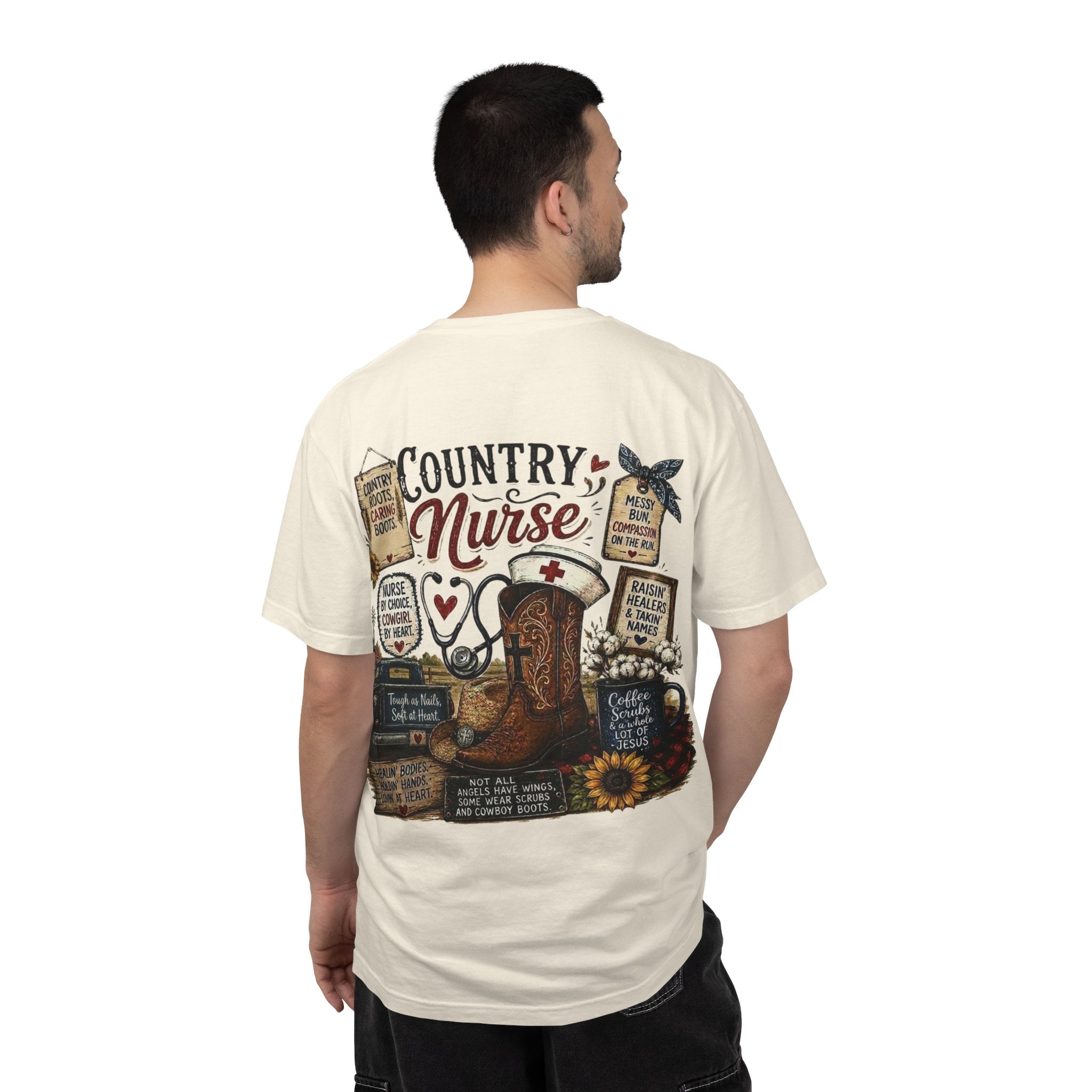 Country Nurse T-Shirt — Rustic Nursing Shirt with 'Elopement Risk' Pocket Badge