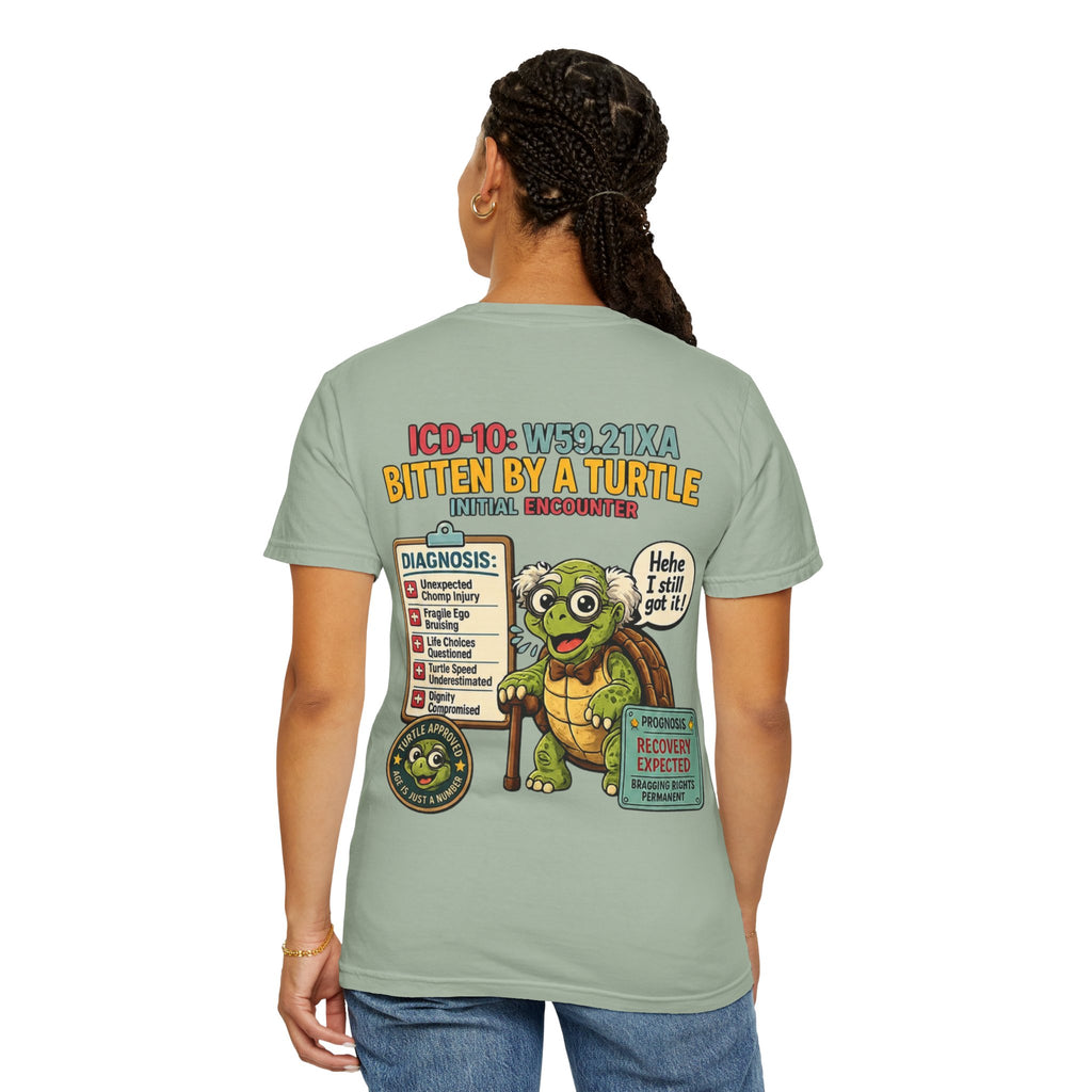 T-Shirt — 'Elopement Risk' Front & 'Bitten by a Turtle' Novelty Graphic Tee