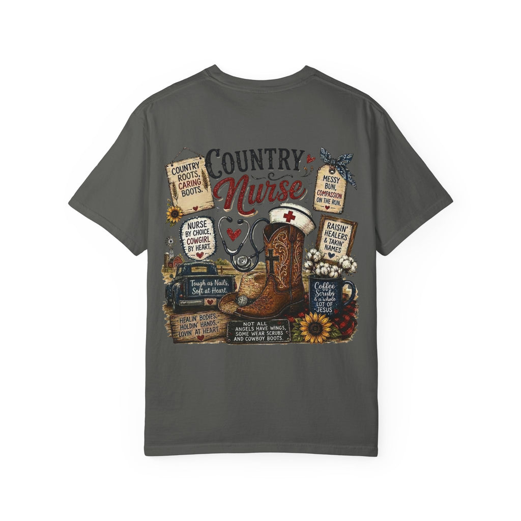 Country Nurse T-Shirt — Rustic Nursing Shirt with 'Elopement Risk' Pocket Badge