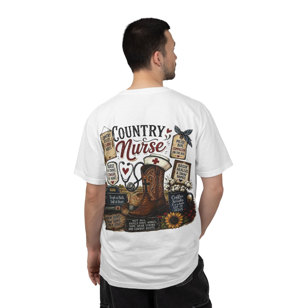 Country Nurse T-Shirt — Rustic Nursing Shirt with 'Elopement Risk' Pocket Badge