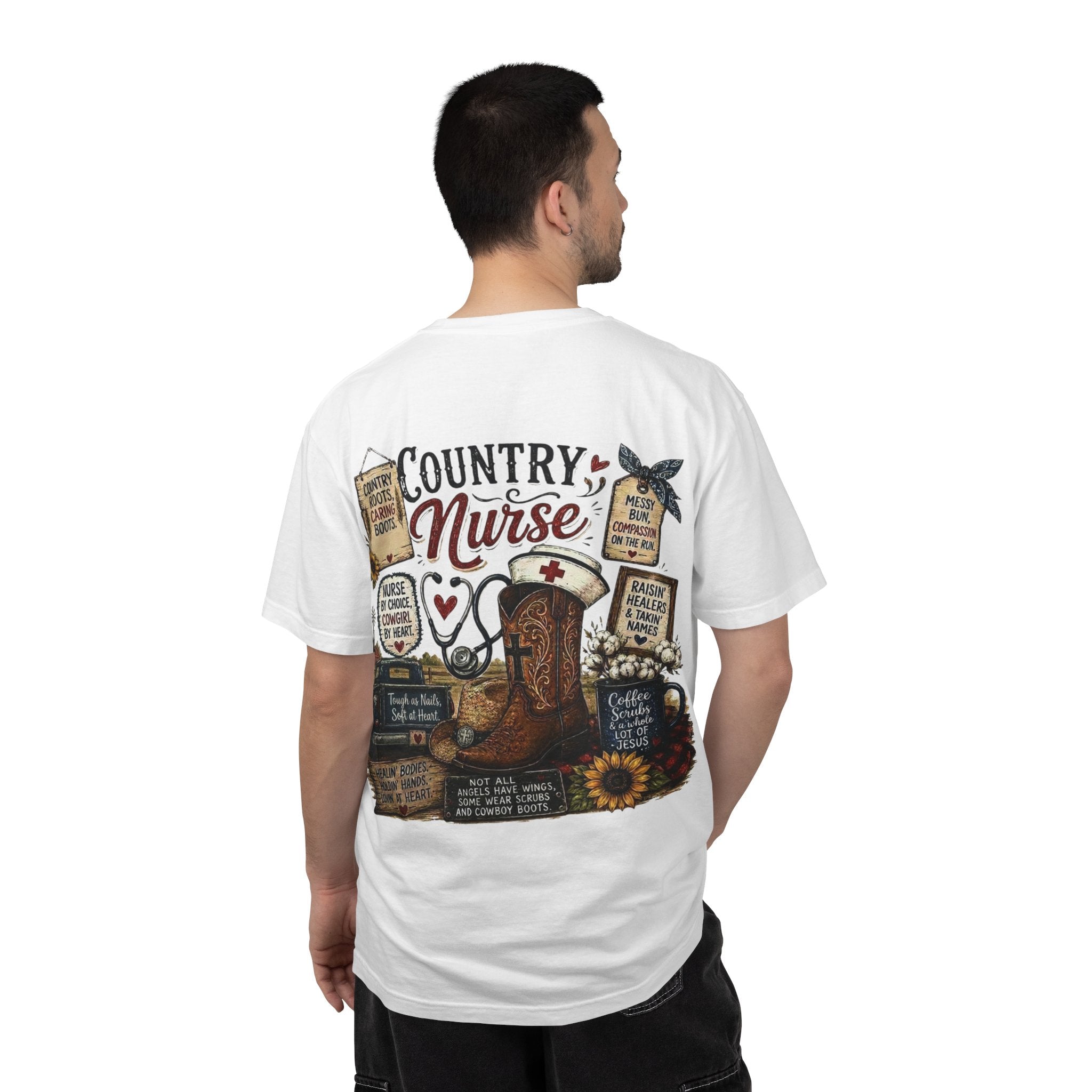 Country Nurse T-Shirt — Rustic Nursing Shirt with 'Elopement Risk' Pocket Badge