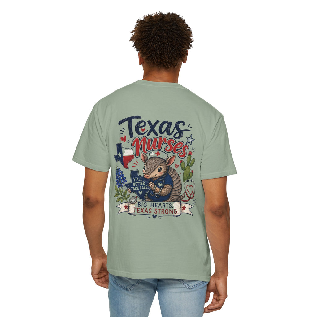 Texas Nurses T-Shirt — "Elopement Risk" Cute Armadillo Design, Big Hearts Texas Strong