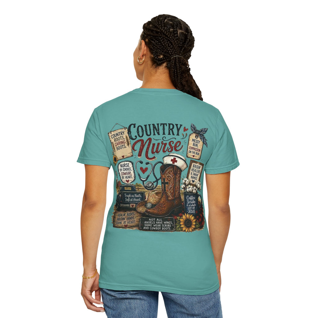 Country Nurse T-Shirt — Rustic Nursing Shirt with 'Elopement Risk' Pocket Badge