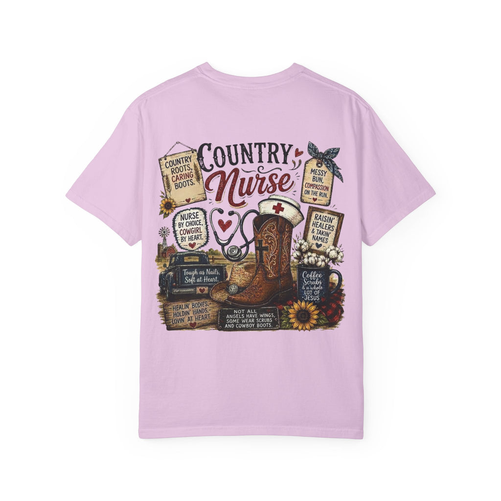 Country Nurse T-Shirt — Rustic Nursing Shirt with 'Elopement Risk' Pocket Badge