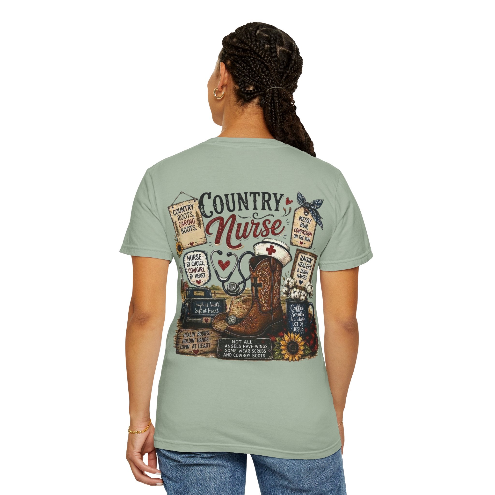 Country Nurse T-Shirt — Rustic Nursing Shirt with 'Elopement Risk' Pocket Badge