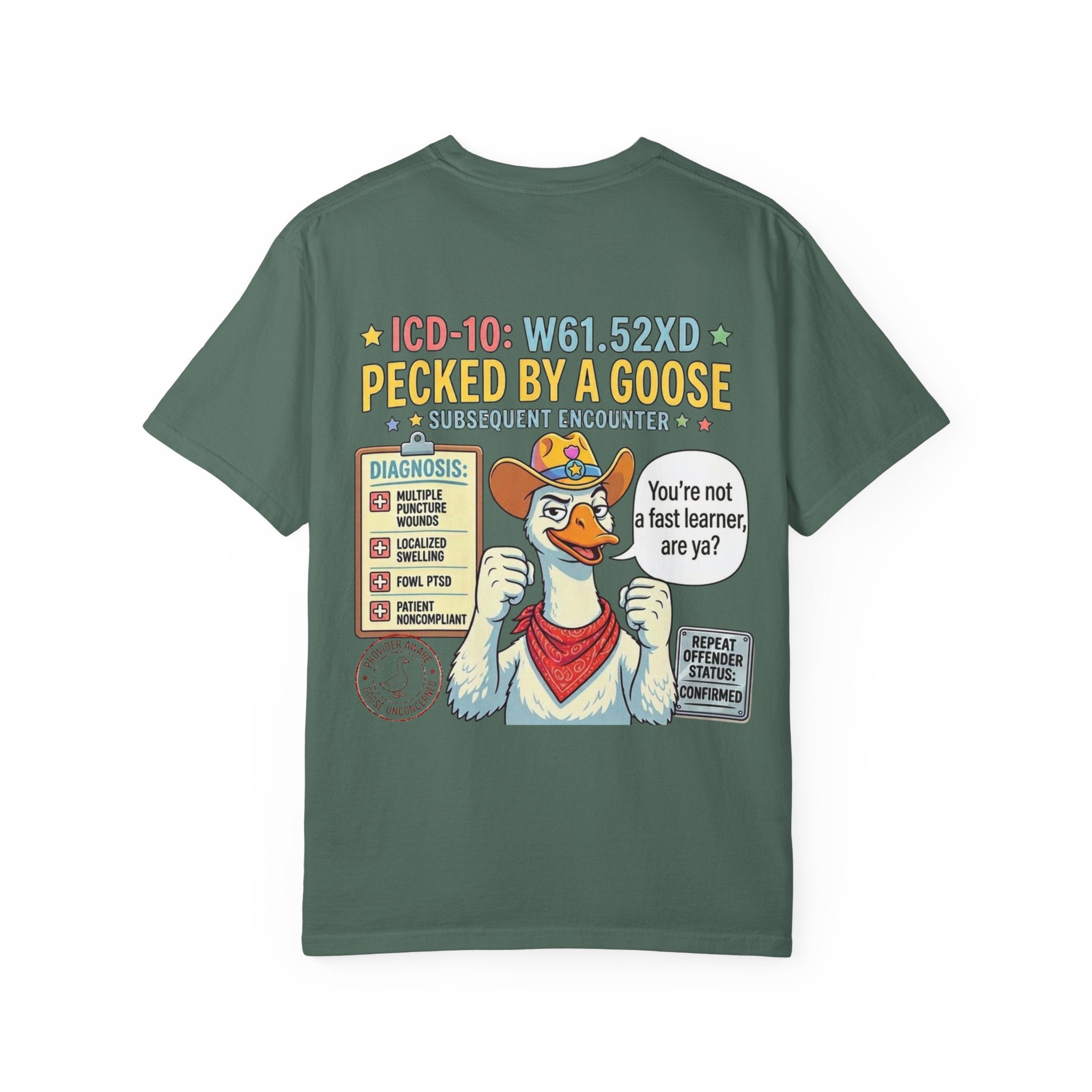 T-Shirt — “Elopement Risk / Pecked By A Goose” Funny Novelty Tee