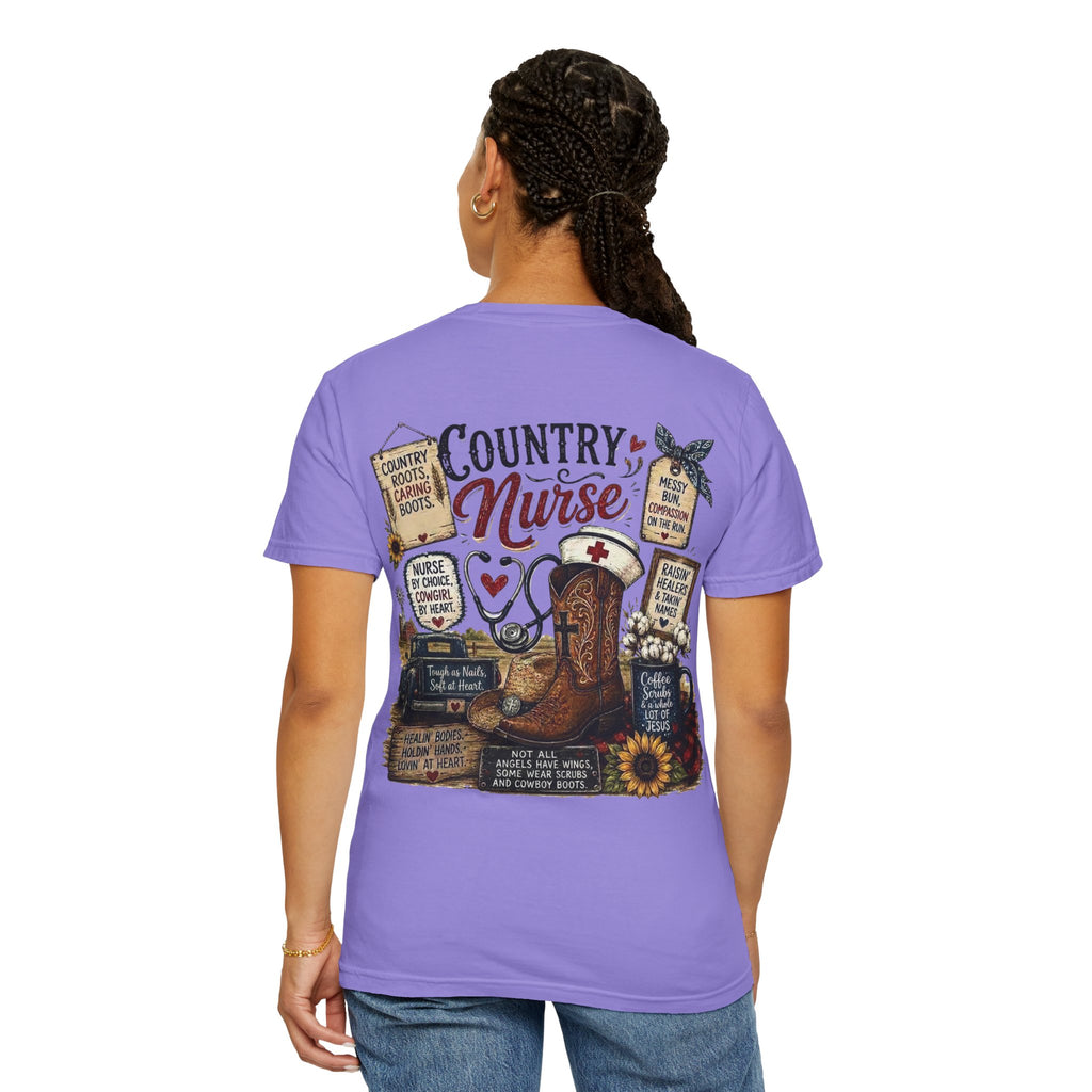 Country Nurse T-Shirt — Rustic Nursing Shirt with 'Elopement Risk' Pocket Badge