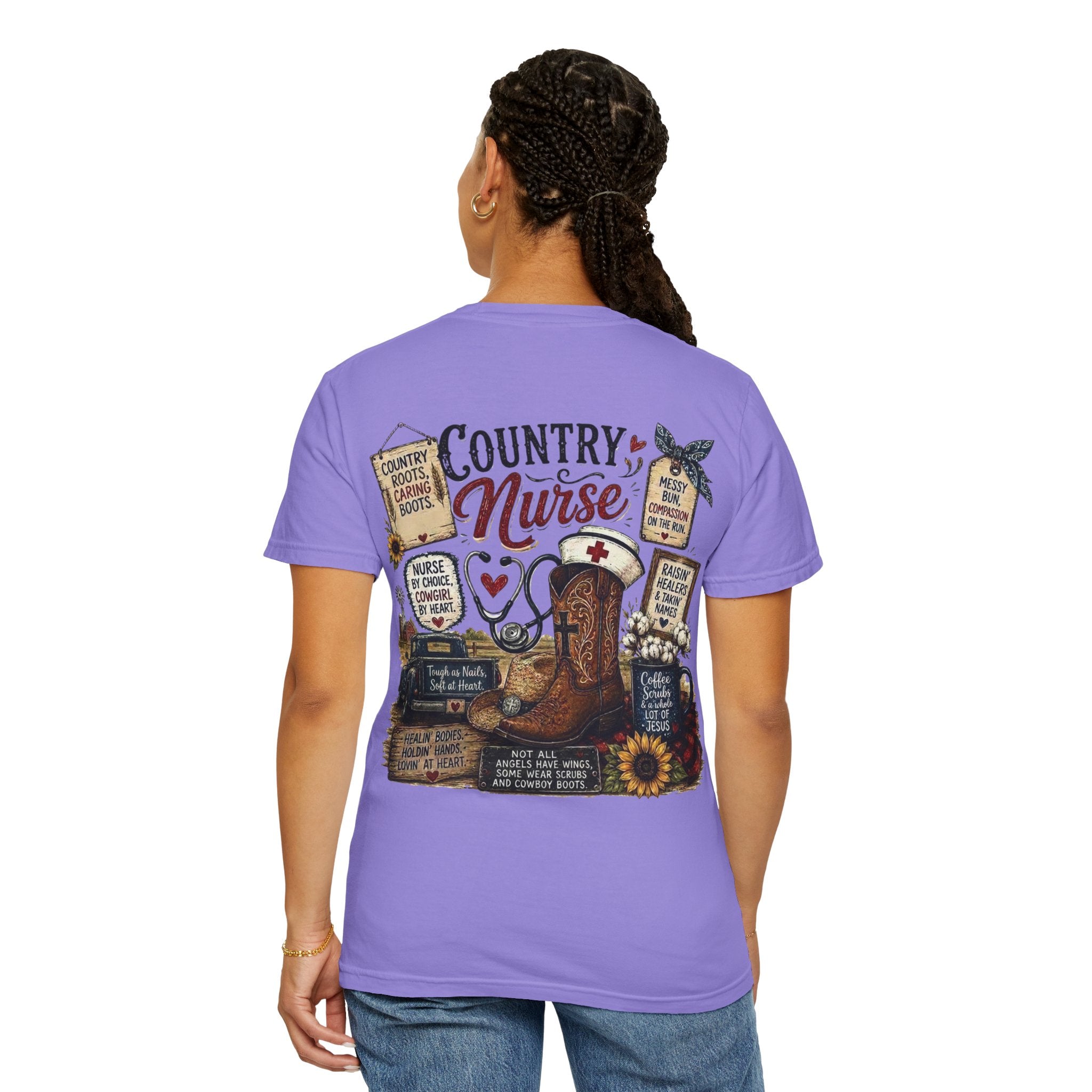 Country Nurse T-Shirt — Rustic Nursing Shirt with 'Elopement Risk' Pocket Badge