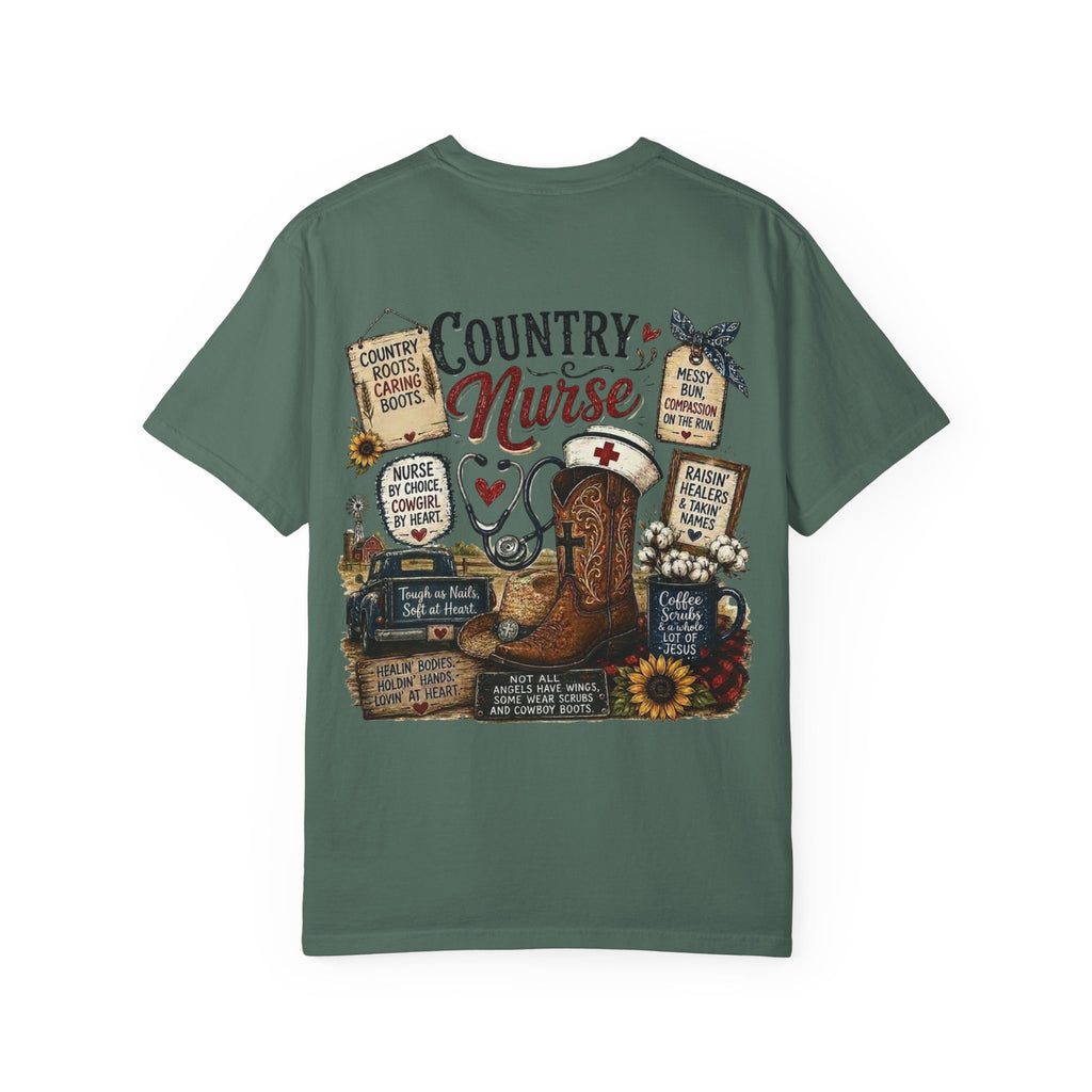 Country Nurse T-Shirt — Rustic Nursing Shirt with 'Elopement Risk' Pocket Badge