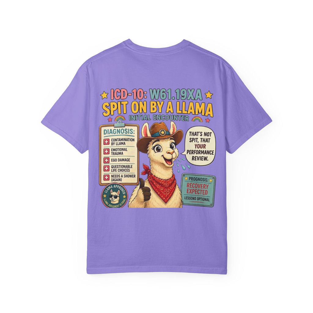 T-Shirt — Funny 'Spit On By A Llama' Novelty Tee (Elopement Risk Chest Logo)