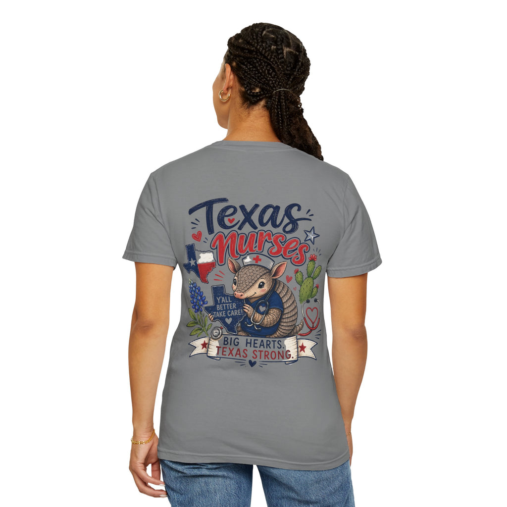 Texas Nurses T-Shirt — "Elopement Risk" Cute Armadillo Design, Big Hearts Texas Strong