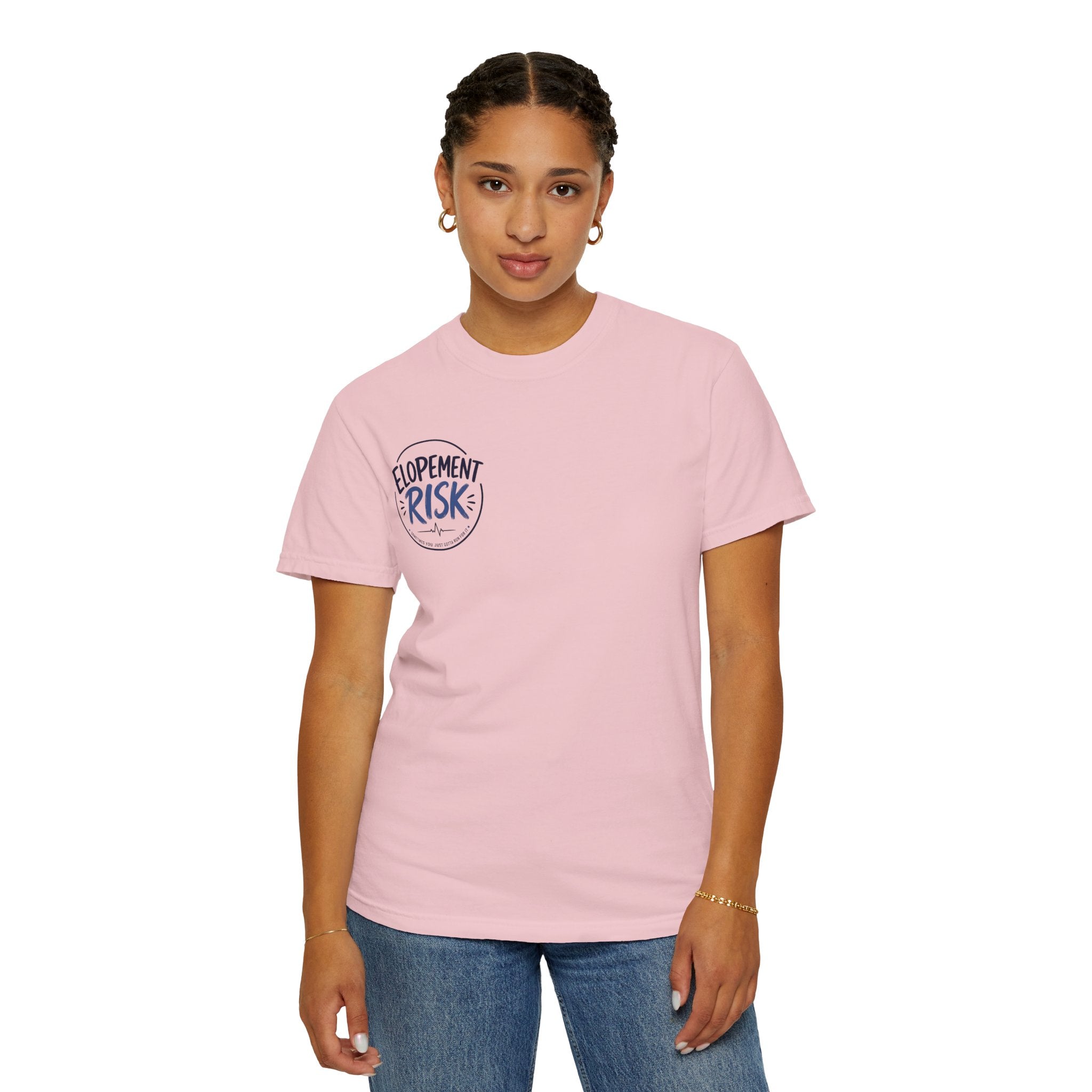 T-Shirt — Funny 'Spit On By A Llama' Novelty Tee (Elopement Risk Chest Logo)