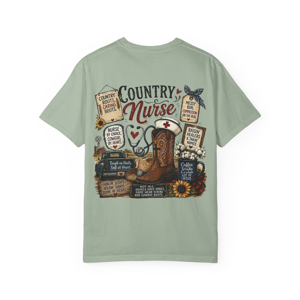 Country Nurse T-Shirt — Rustic Nursing Shirt with 'Elopement Risk' Pocket Badge