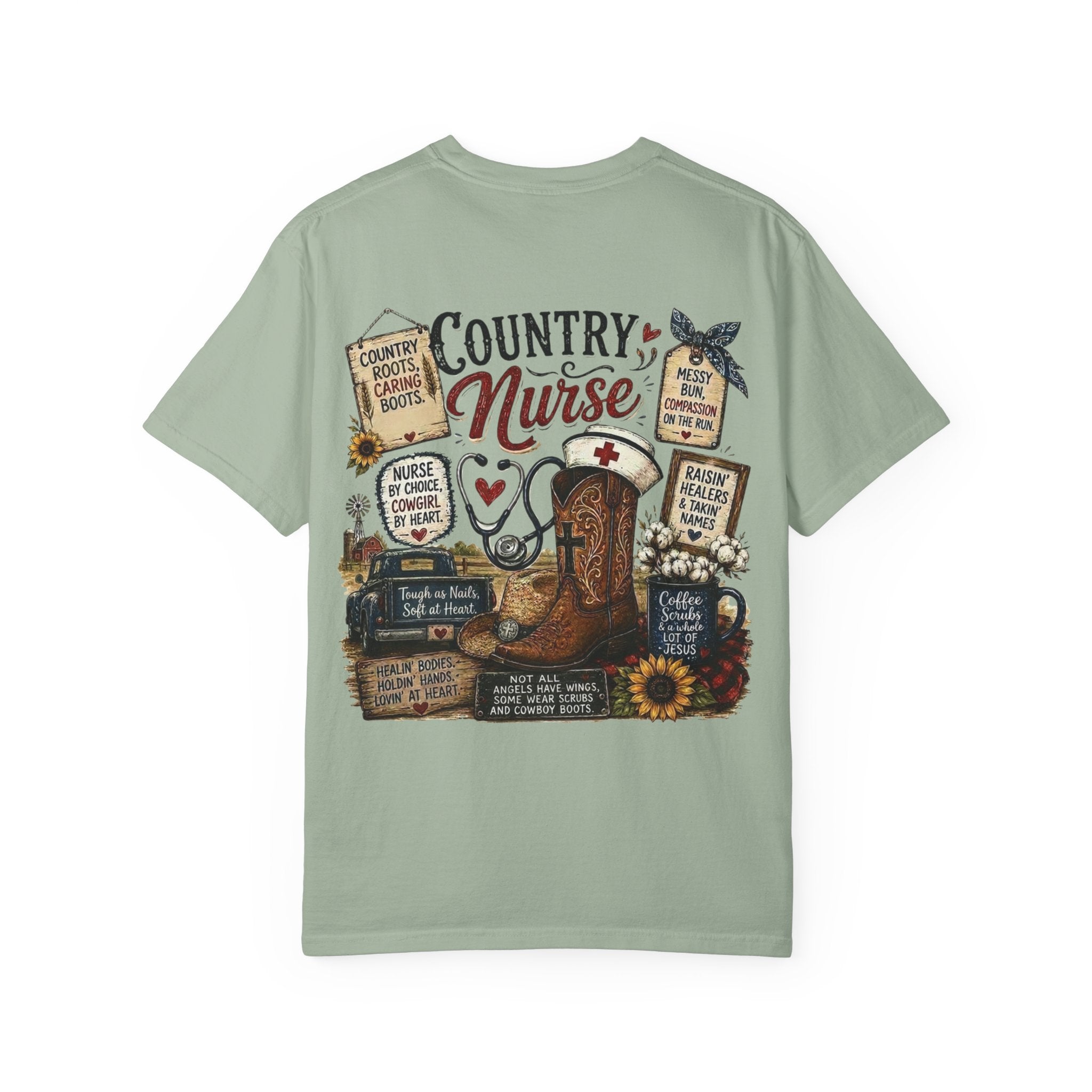 Country Nurse T-Shirt — Rustic Nursing Shirt with 'Elopement Risk' Pocket Badge