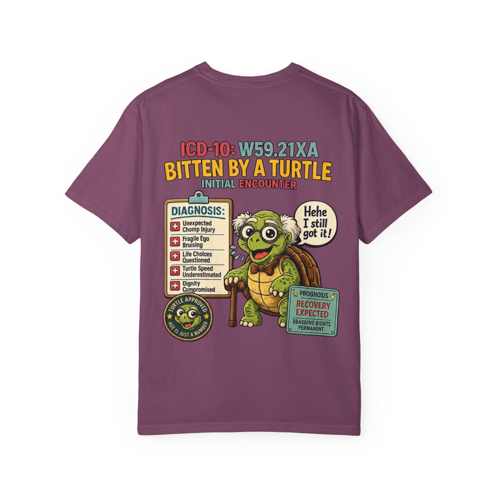 T-Shirt — 'Elopement Risk' Front & 'Bitten by a Turtle' Novelty Graphic Tee