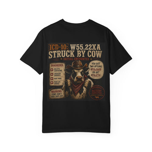 Struck By Cow T-Shirt — Funny Veterinary/Medical Code Humor Tee (ICD-10 W55.22XA)
