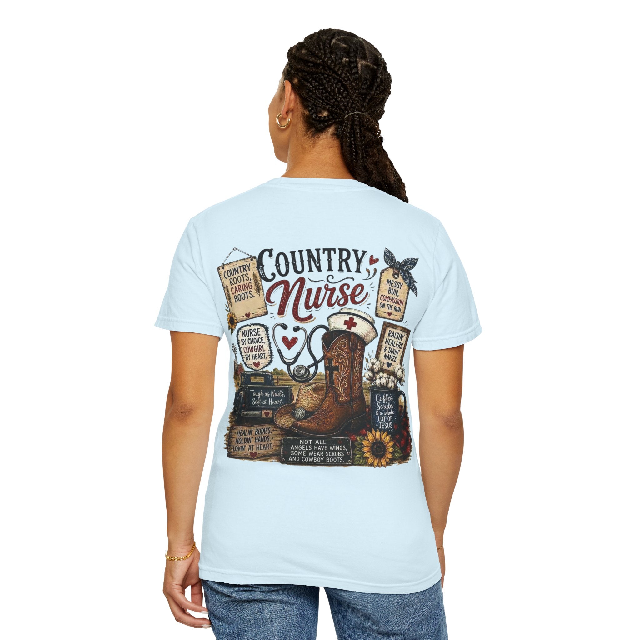 Country Nurse T-Shirt — Rustic Nursing Shirt with 'Elopement Risk' Pocket Badge