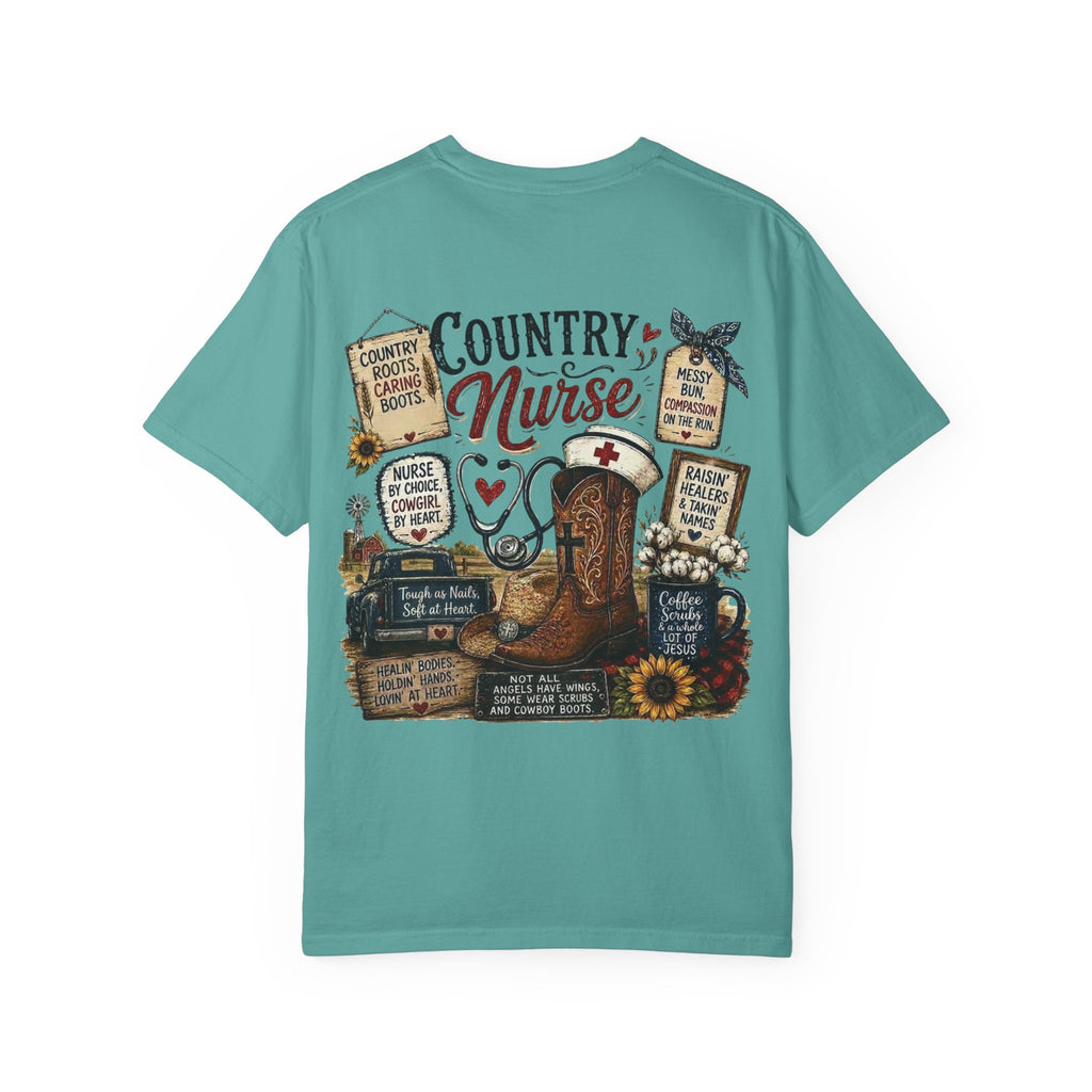 Country Nurse T-Shirt — Rustic Nursing Shirt with 'Elopement Risk' Pocket Badge