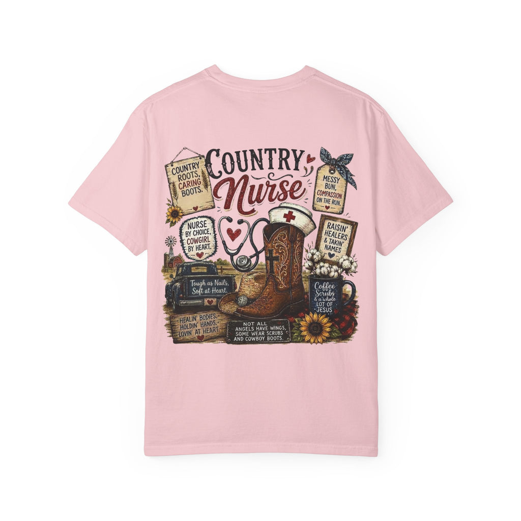 Country Nurse T-Shirt — Rustic Nursing Shirt with 'Elopement Risk' Pocket Badge