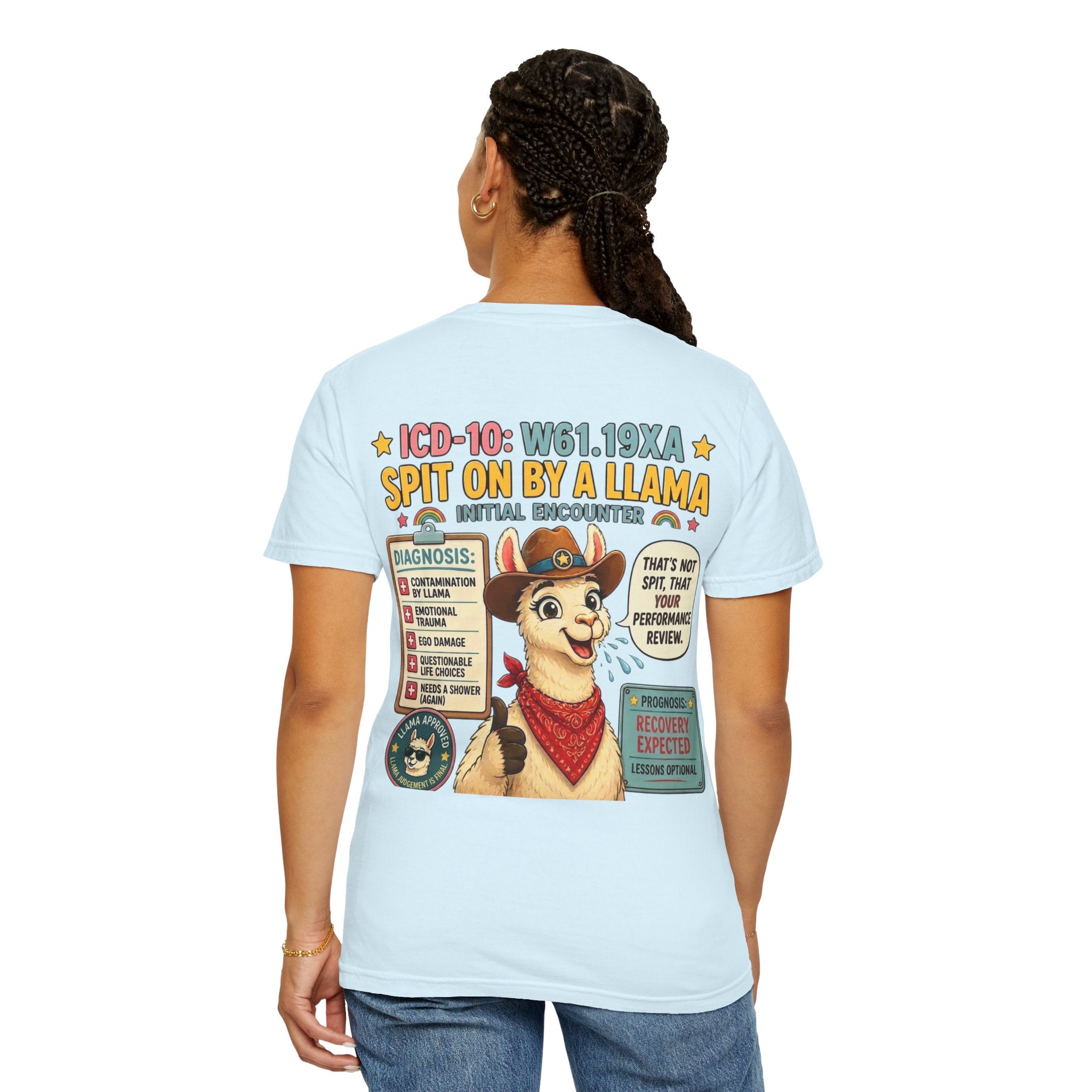 T-Shirt — Funny 'Spit On By A Llama' Novelty Tee (Elopement Risk Chest Logo)