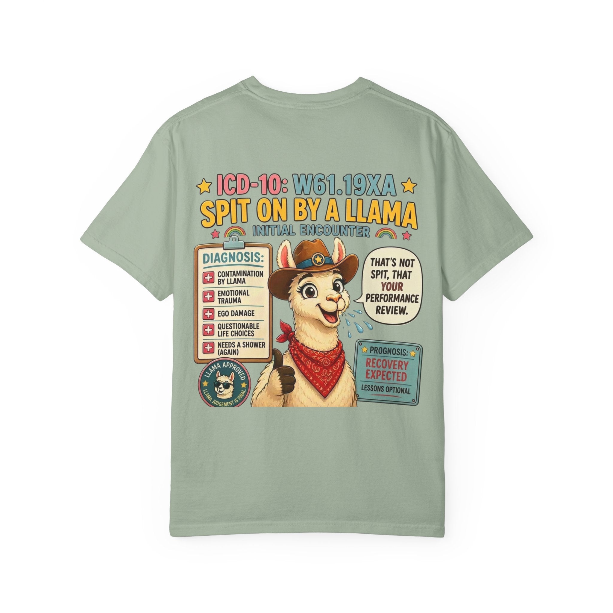 T-Shirt — Funny 'Spit On By A Llama' Novelty Tee (Elopement Risk Chest Logo)