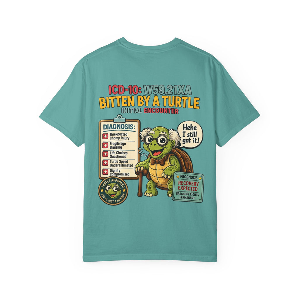 T-Shirt — 'Elopement Risk' Front & 'Bitten by a Turtle' Novelty Graphic Tee