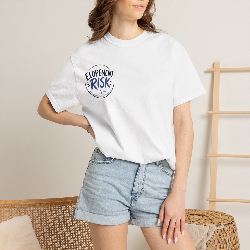 T-Shirt — “Elopement Risk / Pecked By A Goose” Funny Novelty Tee