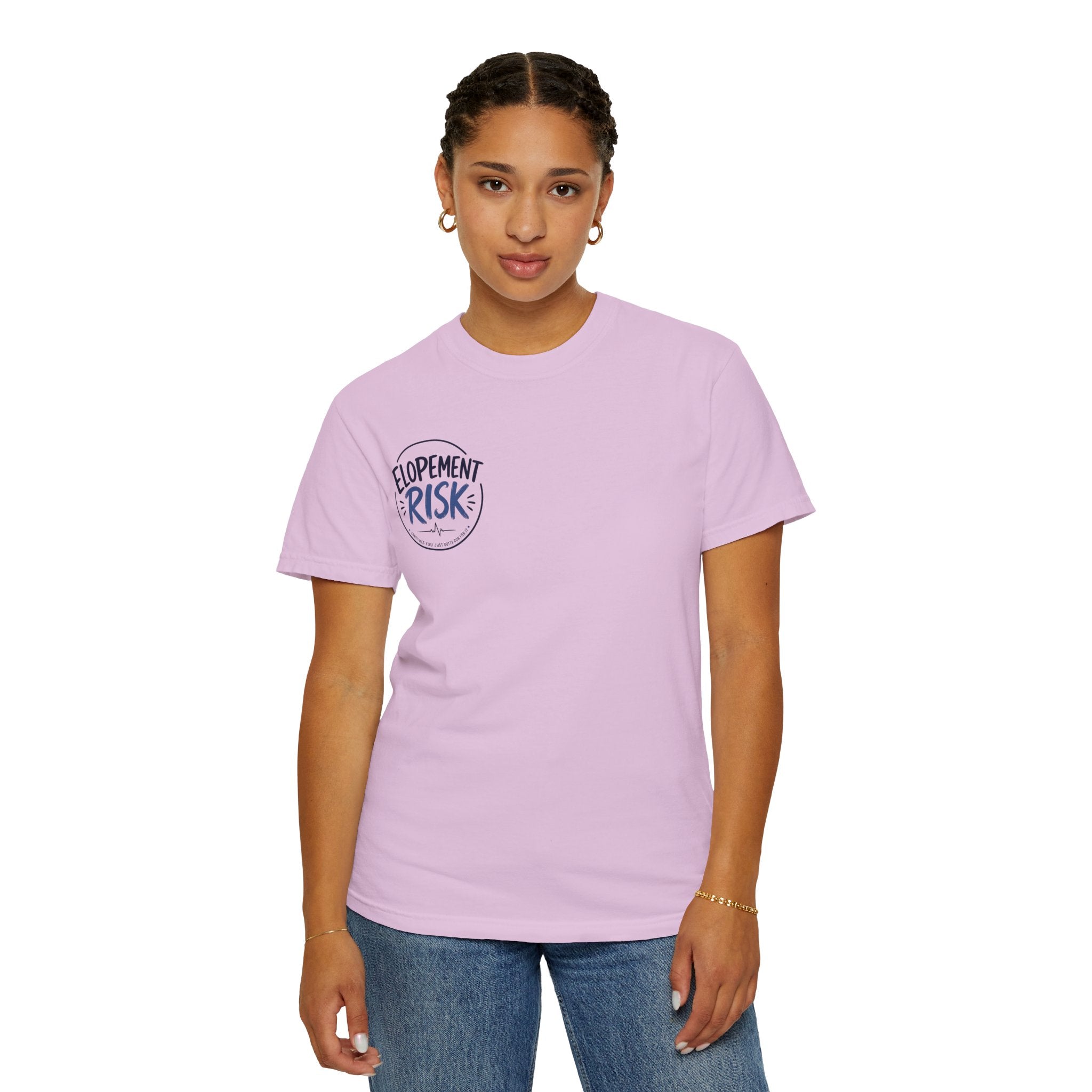 T-Shirt — Funny 'Spit On By A Llama' Novelty Tee (Elopement Risk Chest Logo)