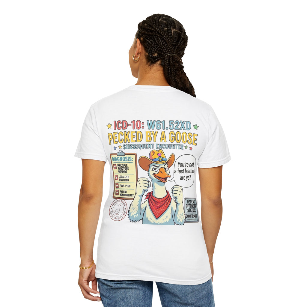 T-Shirt — “Elopement Risk / Pecked By A Goose” Funny Novelty Tee