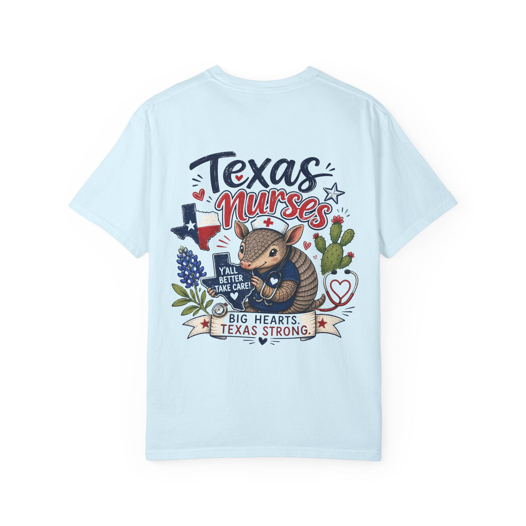 Texas Nurses T-Shirt — "Elopement Risk" Cute Armadillo Design, Big Hearts Texas Strong