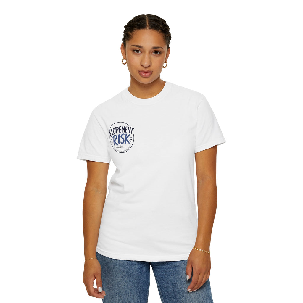 T-Shirt — Funny 'Spit On By A Llama' Novelty Tee (Elopement Risk Chest Logo)