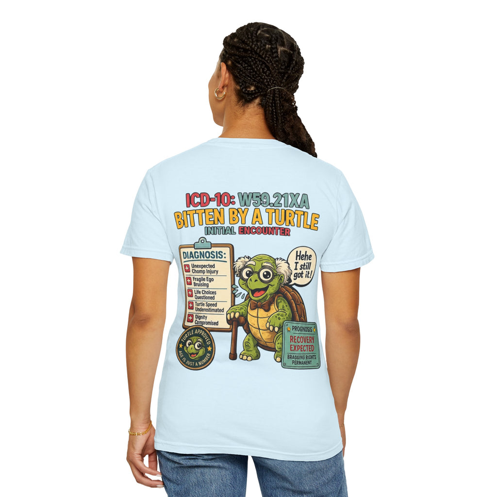 T-Shirt — 'Elopement Risk' Front & 'Bitten by a Turtle' Novelty Graphic Tee